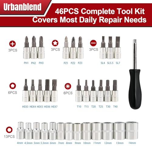 46PCS 1/4" Drive Socket Ratchet Wrench Set, Metric Bits, Extension Bar