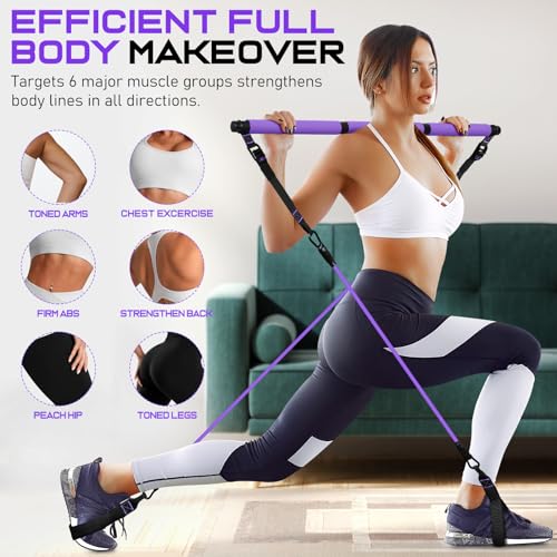 Pilates Bar Kit with Resistance Bands, Pilates Workout Equipment for Women - color: Purple