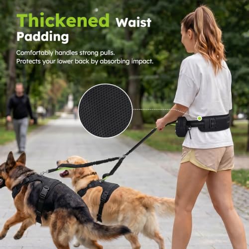 Pecute Hands Free Dog Leash for 2 Large Dogs, Waist Belt with Pouch - color: Black-2 dogs, size: L(33-120lbs)