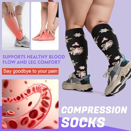 4 Pairs Plus Size Compression Socks,Extra Wide Calf 20-30 mmHg Knee High Compression Socks for Men Women Circulation - color: 08-grey Flower, size: XX-Large