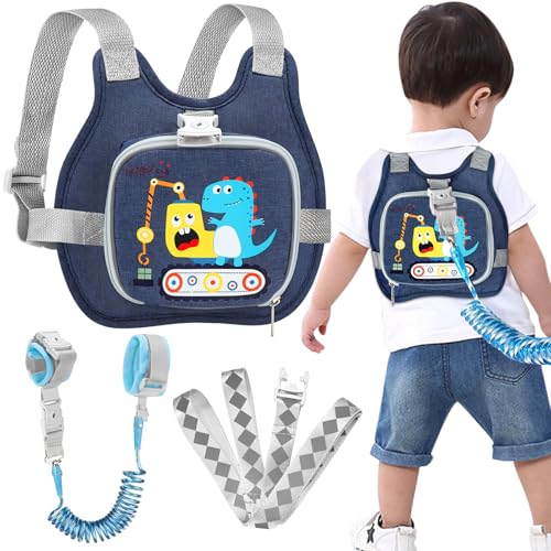 Accmor Toddler Harness Leash+ Reflective Anti Lost Wrist Link, Cute Dinosaur Kids Harness with Leash, Collapsible Child Leash Baby Boys Walking Wristband Assistant Strap Belt for Outdoor Travel - color: Navy Blue/Crane Dinosaur