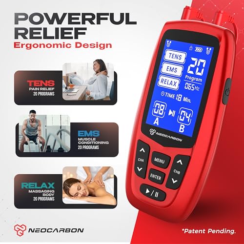 NEOCARBON TENS Unit Muscle Stimulator Ergo Machine for Pain Relief, Red - color: Red