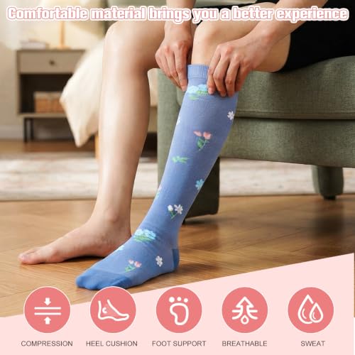 6 Pairs Compression Socks for Women Men Knee High - color: Flowers, size: Large-X-Large