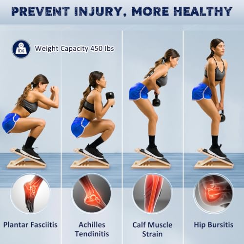 Portable Wooden Slant Board for Calf Stretching Squats Calf Stretcher Pilates Physical Therapy Equipment Adjustable Incline Board for Knees Ankle Heel Feet Leg