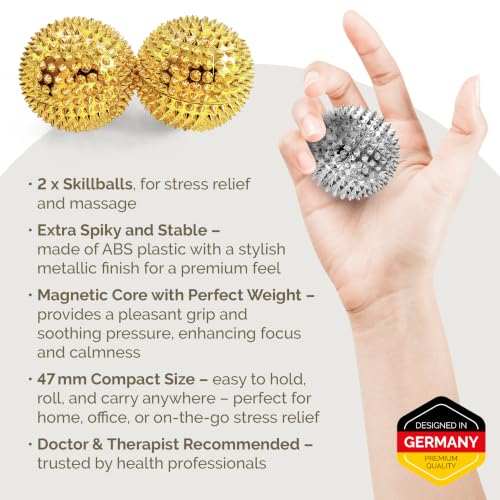 2X Spiky DBT Skill Balls | Magnetic Stress Relief Balls | Spiky Massage Balls for Relaxation, Tension Release, Focus & Mobility (Gold, 2 Inch) - color: Gold, size: 2 inches