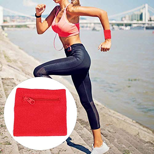 Zipper Wrist Pouch, Cotton Running Armband with Secure Pocket for Keys Cash Phone Fitness Tracker for Jogging Workout Sports (Red)