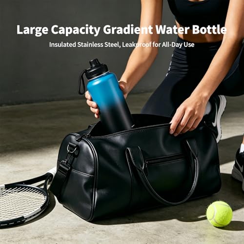 22 Oz Insulated Water Bottle with Handle, 304 Stainless Steel Sports Water Bottle, Wide Mouth Travel Bottle, Blue & Black