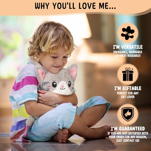Happy Fuel Grey Cat Microwavable 1.5 lbs Unscented Heating Pad for Women & Kids- Cute Soft Cozy Pillow Plush Heatable Warm Stuffed Animals- Kawaii Hot & Cold Plushie - Gray Cat Gifts for Girls & Women - color: Grey White Cat