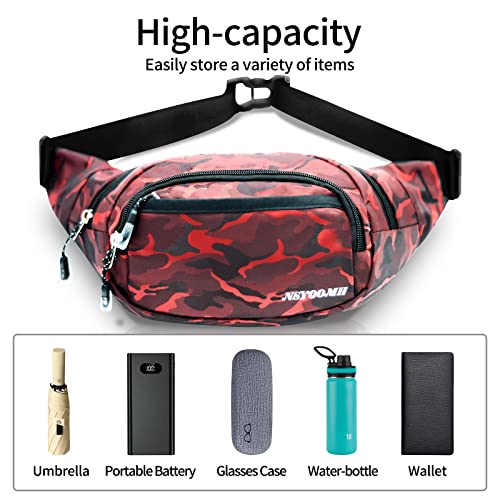 Large Fanny Pack for Men Women NSYOOMH, Crossbody Waist Bag 5-Zipper Pocket - color: Fashion Red