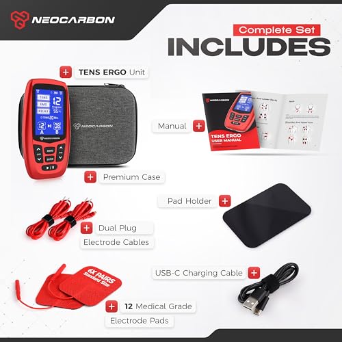 NEOCARBON TENS Unit Muscle Stimulator Ergo Machine for Pain Relief, Red - color: Red