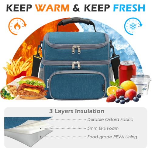 FlowFly Double Layer Cooler Insulated Lunch Bag Adult Lunch Box Large Tote Bag for Men, Women, With Adjustable Strap,Front Pocket and Dual Large Mesh Side Pockets - color: Lake Blue