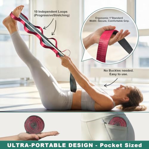 Acozycoo Stretching Strap with Loops for Leg Calf Back Physical Therapy - color: Red