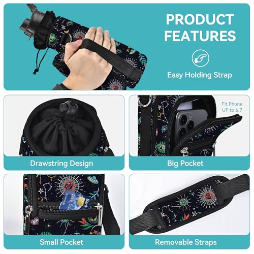 AUPET Water Bottle Sling Bag Sleeve Holder Carrier 25/32/40/64 oz,Insulated Crossbody Water Bottle Case Cover with Strap and Pockets for Men/Women Walking Hiking - color: Mystical Cosmic, size: 40oz