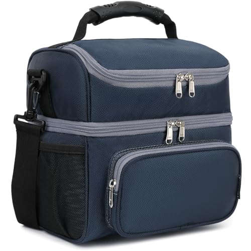 FlowFly Double Layer Cooler Insulated Lunch Bag Adult Lunch Box Large Tote Bag for Men, Women, With Adjustable Strap,Front Pocket and Dual Large Mesh Side Pockets - color: Cyan