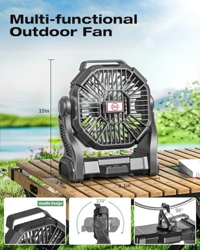 AEscod Portable Camping Fan, Rechargeable Battery Operated with LED Lights, Hanging Hook, 270°Rotation, 20000mAh Battery Powered Fan for Beach, Office, Picnic, Fishing, Travel, Tent - color: black