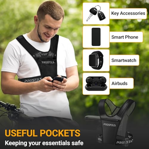 Running Vest Phone Holder for Men & Women, Reflective Running Chest Pack, Adjustable Breathable Vest with Multiple Pockets for Phone, Water Bottle, Keys & Essentials