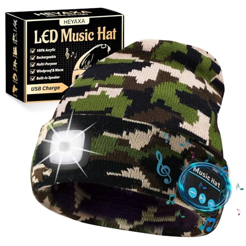 HEYAXA Bluetooth Beanie Hat, USB Rechargeable 4 LED Wireless Music Running Headlamp Cap, Dad Gifts for Husband, Dad, Birthday Gifts for Men, Dad, Father, Women, Him, Camouflage - color: Camouflage