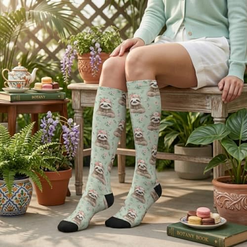 Cute Compression Socks Knee High Support Stockings Women Men - color: Cute Sloth Flower