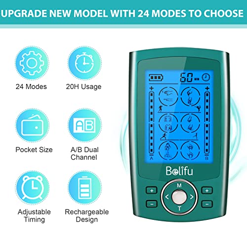 Belifu Dual Channel TENS EMS Unit 24 Modes Muscle Stimulator for Pain Relief Therapy, Electronic Pulse Massager Muscle Massager with 10 Pads, Dust-Proof Drawstring Storage Bag, Fastening Cable Ties - color: Green
