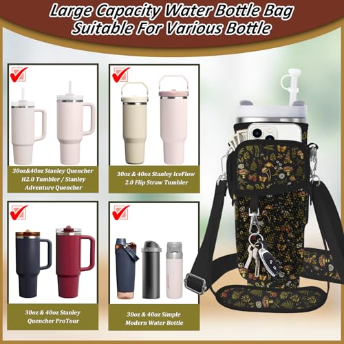 Water Bottle Carrier Bag for Stanley 40/30oz Cup Tumbler with Phone Pocket,Insulated Crossbody Water Bottle Holder with Adjustable Strap,Water Bottle Sling Pouch for Hiking Walking Camping Accessories - color: Mushroom Butterfly Flowers