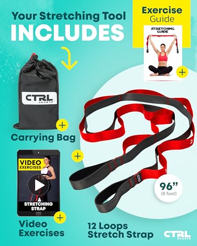 Stretching Strap with Loops - Non Elastic Yoga Strap for Physical Therapy - style: 12 Loops - Red