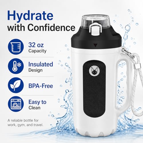 32oz Insulated Water Bottle Multi-Function Sports Jug with Handle & Magnetic Blender - Leak Resistant for Baseball Football Gym & Outdoor Activities (Classic White & Carbon Black) - color: Classic White & Carbon Black
