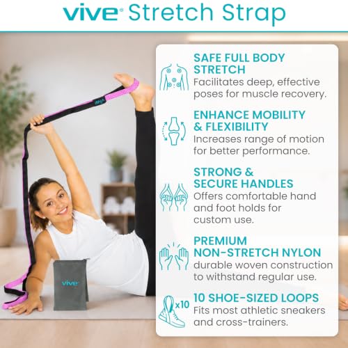 Vive Stretch Strap (75" - 10 Loops) - Leg Stretch Band to Improve Flexibility - Stretching Out Yoga Strap - Exercise and Physical Therapy Belt for Rehab, Pilates and Gymnastics with Guide Book - color: Pink