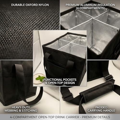 Drink Carrier Bag, 4 Compartment, Insulated Drink Carrier – Water Bottle Holder with Strap, Padded Handle Grip, Family Picnic Cooler Bag for Travel, Commute (Black) - color: Black