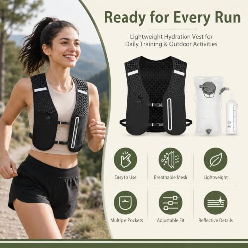 Unisex Running Hydration Vest Backpack with 2L Bladder & 500ml Soft Flask, Lightweight Adjustable Trail Running Vest for Men Women, Large Phone Pocket, Reflective Marathon Hiking Gear