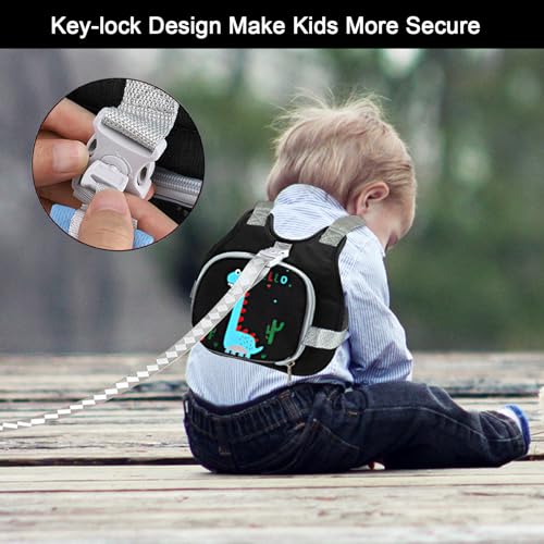 Accmor Toddler Harness Leash+ Reflective Anti Lost Wrist Link, Cute Dinosaur Kids Harness with Leash, Foldable Child Harness Baby Leash Boys Walking Wristband Assistant Belt for Outdoor Travel - color: Black/Brachiosaurus