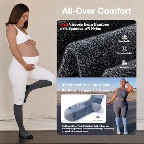 LEVSOX Bamboo Viscose Wide Calf Compression Socks 20-30 mmHg with Cushioned - color: Navy/Grey, size: Medium