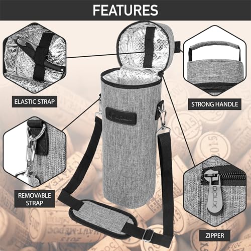opux Single Bottle Wine Bag Carrier Insulated Cooler Tote with Strap, Grey - color: Heather Gray