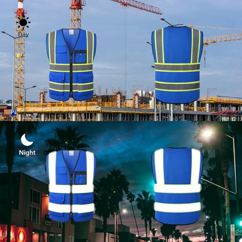 Reflective Safety Vest for Men Women Hi Vis Vest with 8 Pockets High Visibility Mesh Reflective Vest (Blue-07, X-Large) - color: Blue, size: X-Large