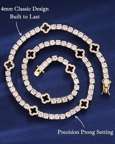 LuxeFlex 4mm Iced Out Four Leaf Tennis Chain,White Gold Plated with 5A Zircon Stones, exquisite Handmade Hip Hop Bling Necklace Perfect Unisex Jewelry Gift - color: Gold, size: 20 INCH