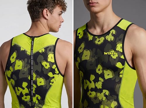 Wixen Men's Performance Triathlon Suit Sleeveless Tri Suit Padded Quick Dry Run Swim Bike - color: Volt Camo, size: Large