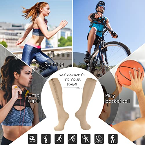 cerpite Zipper Compression Socks, 2 Pairs 15-20 mmHg Closed Toe Compression Stockings for Men Women - color: Beige, size: Small-Medium