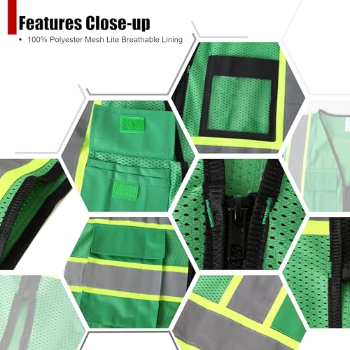 Reflective Safety Vest for Men Women Hi Vis Vest with 8 Pockets High Visibility Mesh Reflective Vest (Green-07,Medium) - color: Green, size: Medium