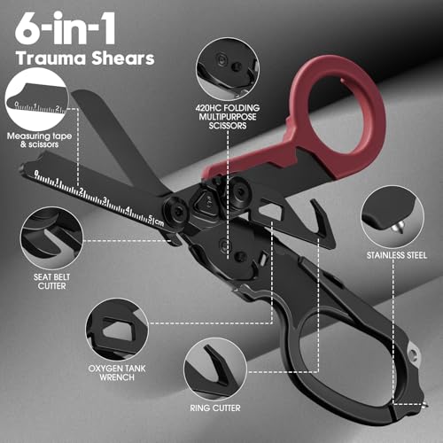 6-in-1 Heavy-Duty Emergency trauma shears (Red black) - color: Red Black