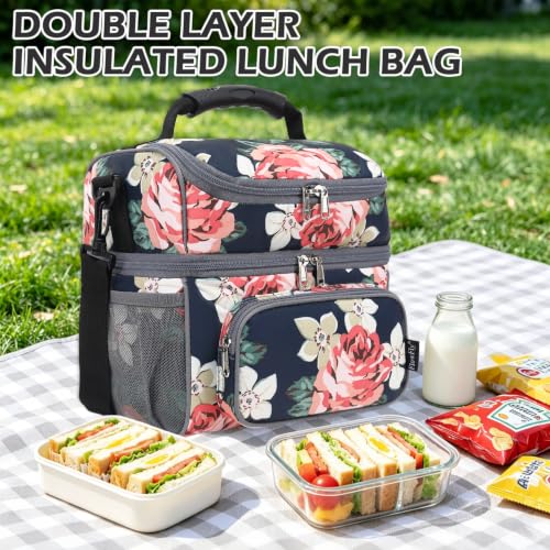 FlowFly Double Layer Cooler Insulated Lunch Bag Adult Lunch Box Large Tote Bag for Men, Women, With Adjustable Strap,Front Pocket and Dual Large Mesh Side Pockets - color: Peony