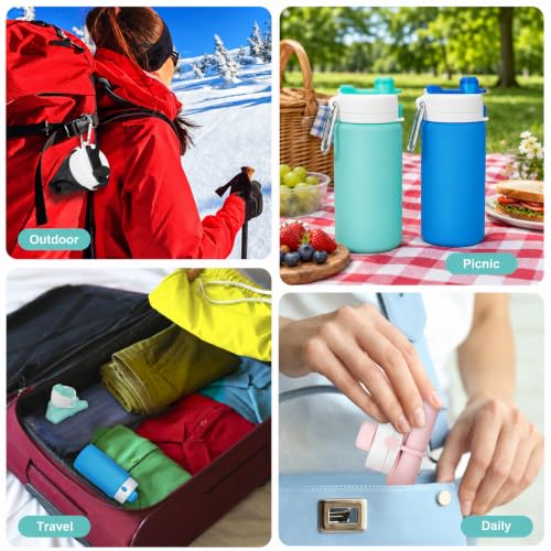 PLTCAT Collapsible Water Bottles, 19oz Foldable Silicone Travel Bottles - color: Green and Blue