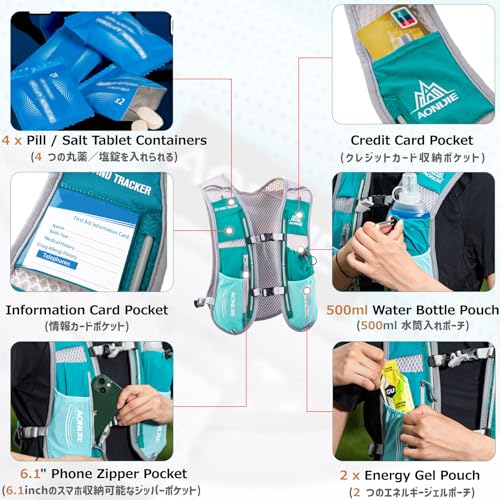 Azarxis Running Water Bottles Flask BPA Free Leakproof Hydration Vest Packs Waist Belt Replacement for Triathlon Marathon Hiking Cycling Climbing Runner - color: #4 Mint Blue (5L) with a 1.5L Hydration Bladder