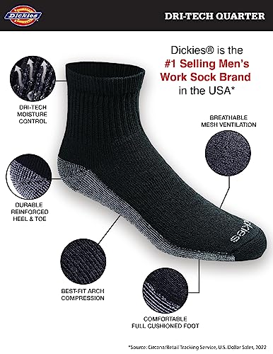 Dickies Men's Dri-Tech Moisture Control Quarter Socks, Available in M-XXL (6, 12, 18 Pairs) - color: Black (6 Pairs), size: Large