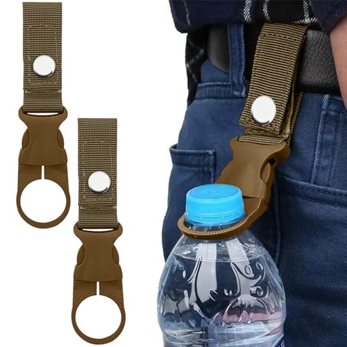 2PCS Hanging Bottle Buckle Clip Carabiner,Portable Mineral Water Bottle Ring Holder Keychain Belt Webbing Strap for Camping(Khaki) - color: Khaki