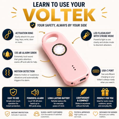 VOLTEK Personal Safety Alarm + Whistle Set for Women - Extra Loud (135 dB), LED Strobe Light, USB-C Rechargeable, Alert for Doors, Windows - Compact & Lightweight - Carabiner Included (Blue) - color: Blue