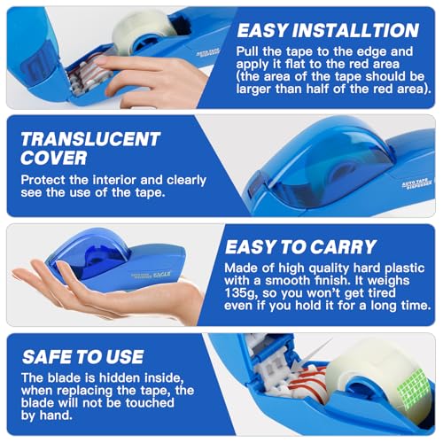 Eagle Automatic Tape Dispenser, Handheld & Portable Design, Office Tape Gun, One-Handed Operation with Safety Blade for Office, Home, DIY or Packaging (Includes 2 Free Tapes)（Blue） - color: Blue
