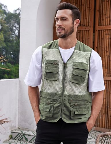 Gihuo Men's Utility Vest Fishing Safari Vest Summer Travel Vest with Pockets - color: Green, size: Small