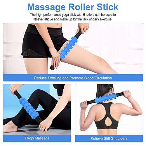 Aucuu 6 in 1 Foam Roller Set Includes Hollow Core Massage Roller, Yoga Stick, Massage Ball, Fitness Stretching Strap, Massage Roller, Carrying Bag, Towel (Blue) - color: Blue
