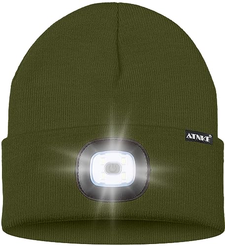 ATNKE LED Lighted Bluetooth Beanie Hat,USB Rechargeable 4 LED Wireless Music Running Headlamp Cap Gift for Men and Women - color: #Army Green