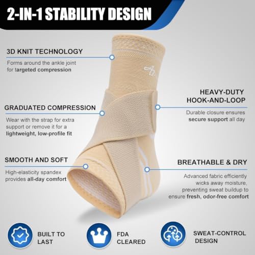 ABIRAM Ankle Brace Compression Sleeve with Adjustable Support Strap - color: Light Beige, size: Small