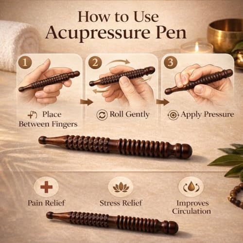 Luvottica Wooden Acupressure Pen for Hand & Finger Massage, Acupuncture Therapy Tool for Pain Relief, Stress Relief, Improves Blood Circulation | Natural Wood Hand Roller (Set of 2)